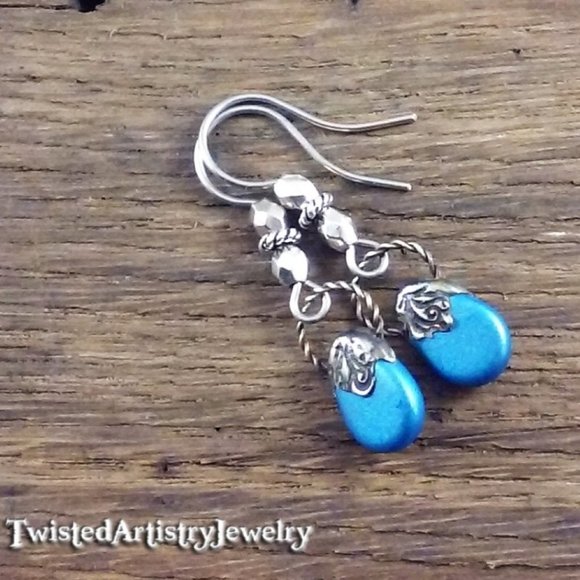 Twisted Artistry Jewelry Jewelry - Pearl Shine Azuro Czech Glass Teardrop Charm Silver Earrings